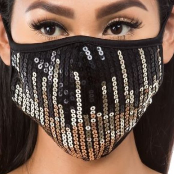 Black & Gold Sequined Fabric Facemask - Picture 1 of 2